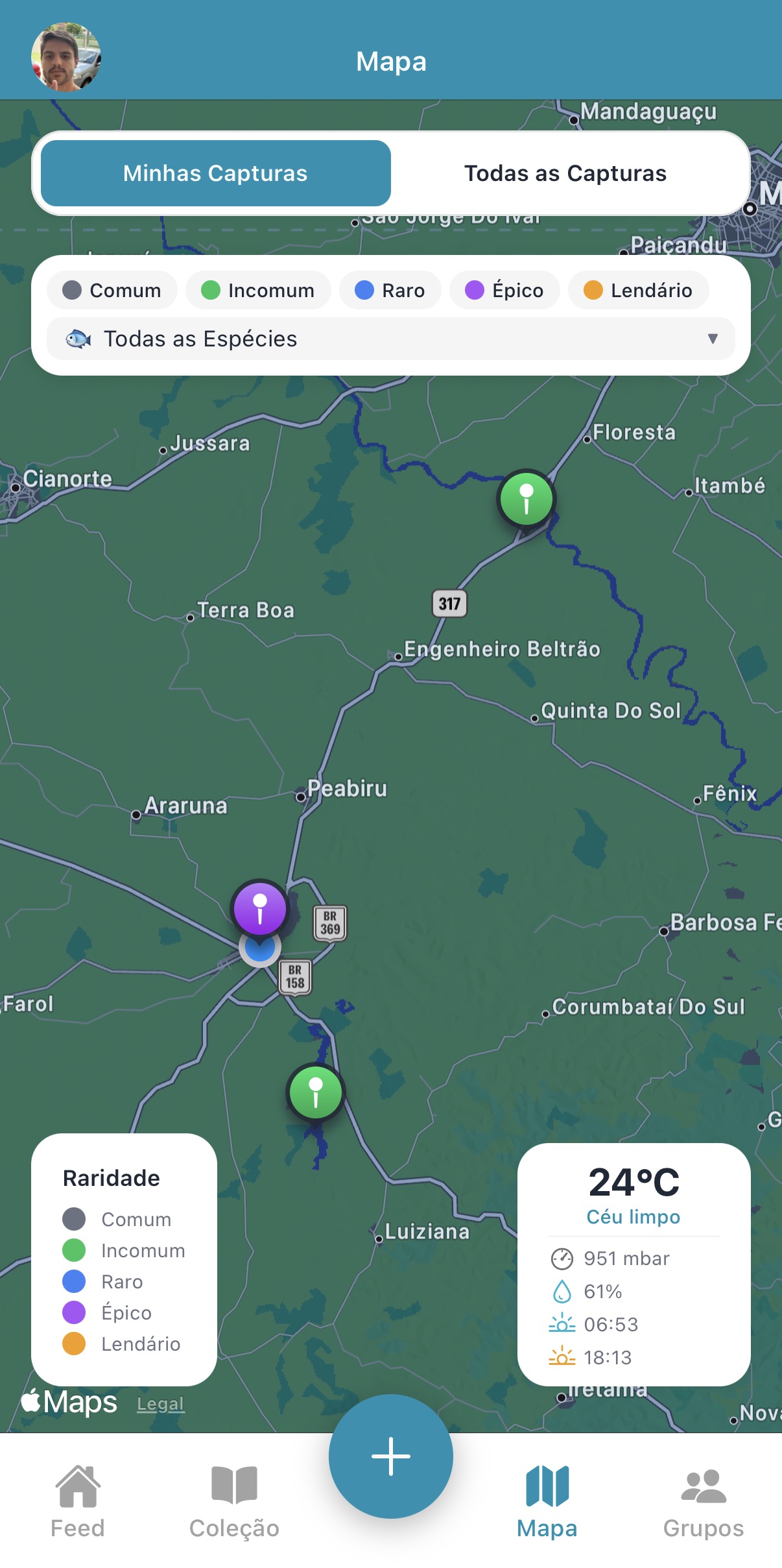 Tela de mapa com os pontos de captura e as condições do tempo