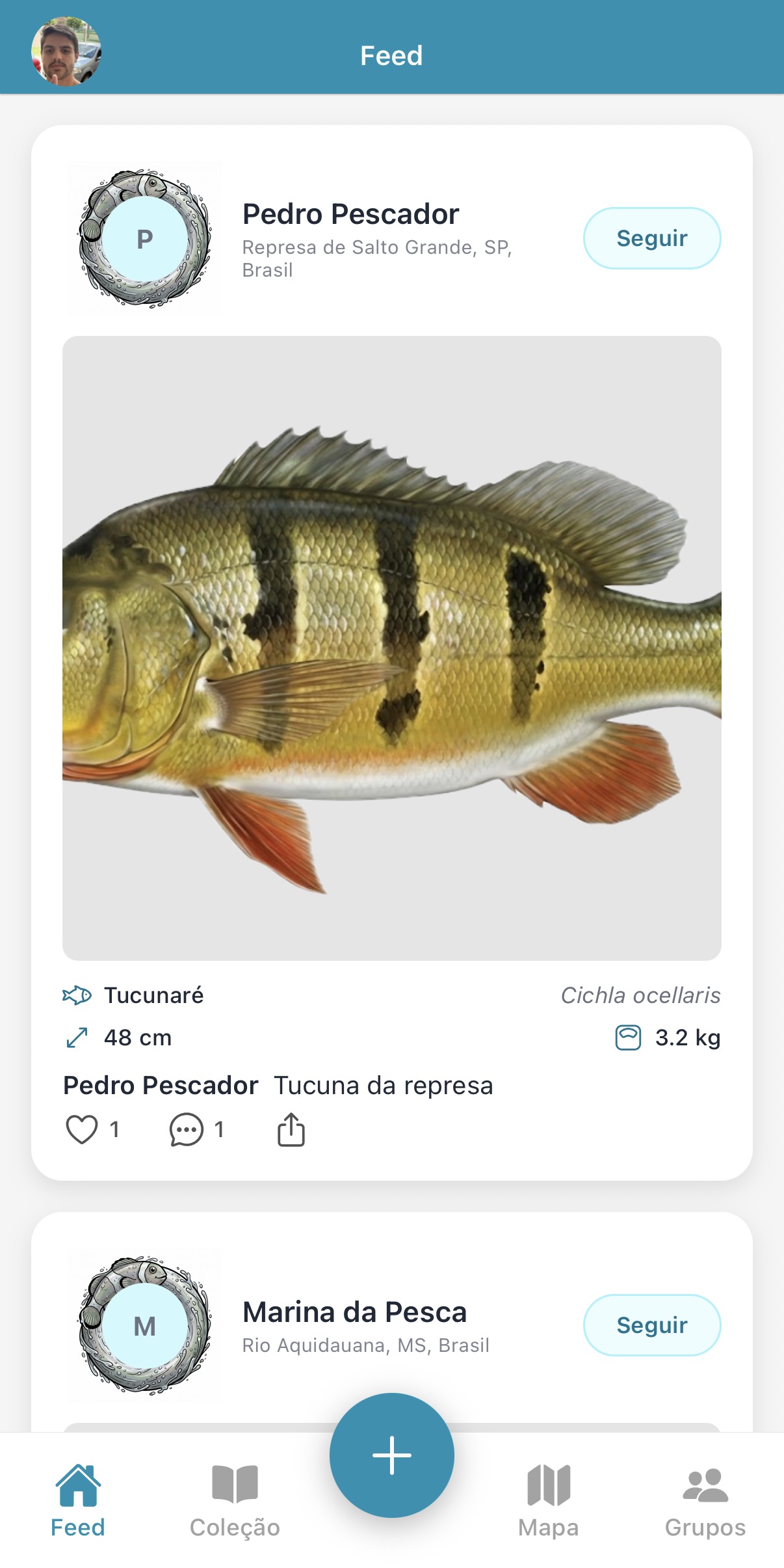 Feed do Peixedex mostrando a captura de um tucunaré com peso e comprimento