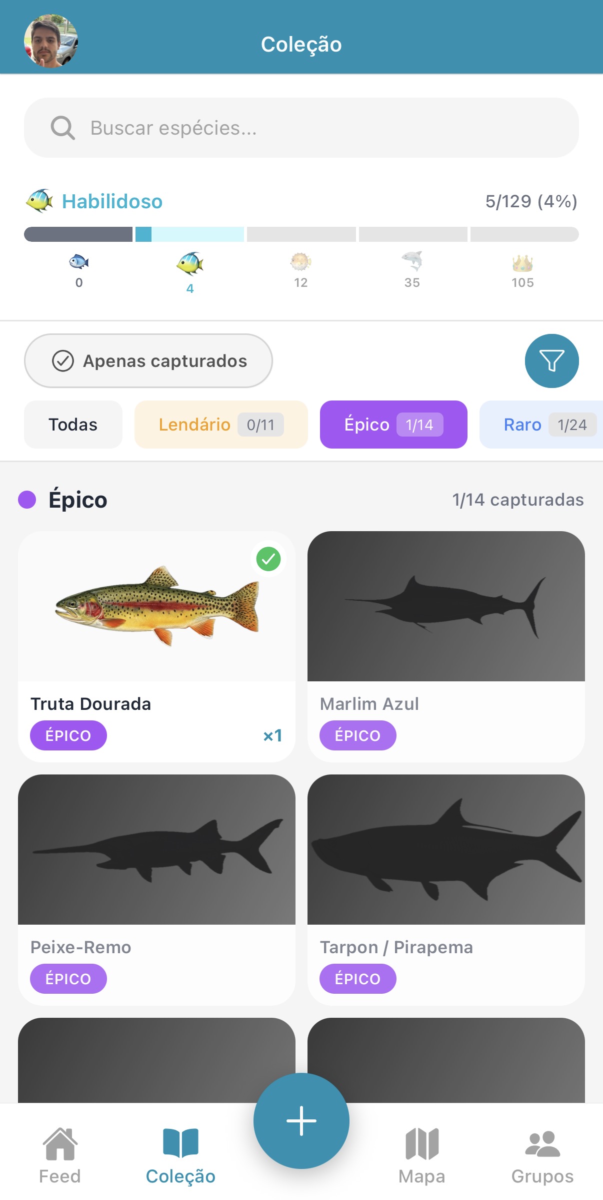 Tela de coleção com o progresso de espécies capturadas por raridade